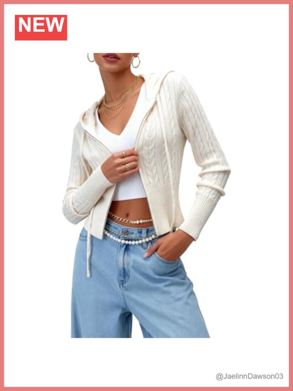 Women's Zip Up Cable Knit Hoodie Sweater Cropped Cardigan